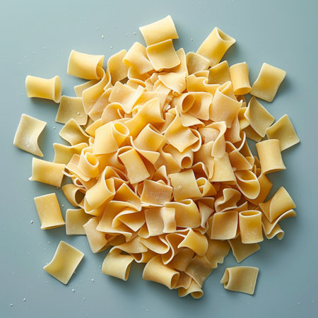 close up of uncooked fusilli pasta on blue table backgroundの素材