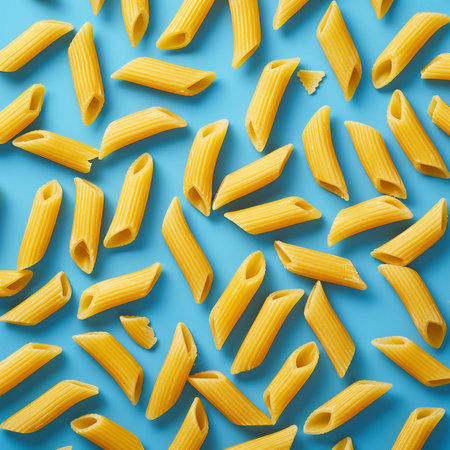 Pasta background. Dry penne pasta on blue background. Top viewの素材