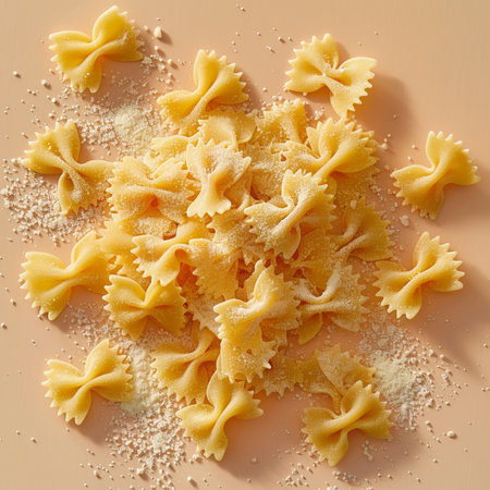 Pasta farfalle on a beige background, top viewの素材