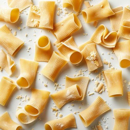 close up view of uncooked pasta on white background, italian foodの素材