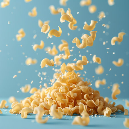 Flying pasta on blue background. Flying macaroni close up.の素材