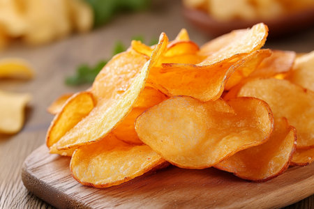Potato chips on a cutting board, close-up, horizontalの素材