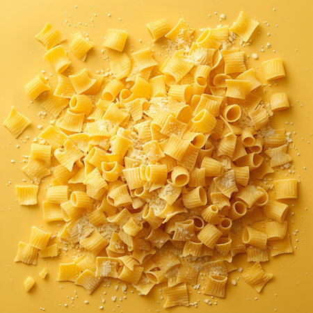 Heap of uncooked macaroni pasta on yellow background, top viewの素材