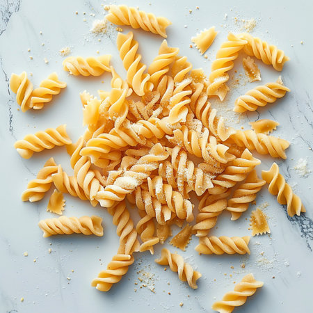 Fusilli pasta on white marble background. Flat lay, top viewの素材