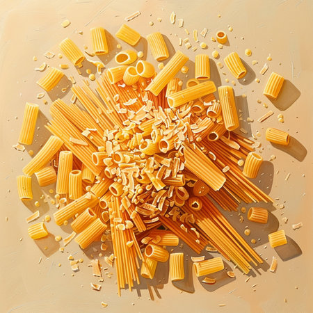 Pasta background. Dry pasta on a yellow background. Top view.の素材