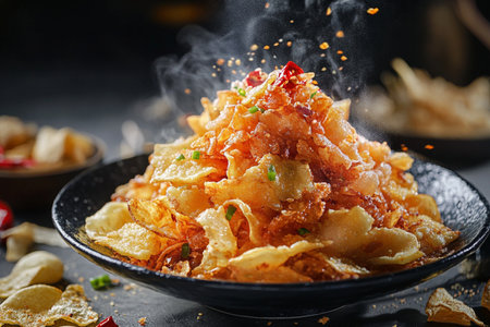 Crispy potato chips with fried onion and chilli on black backgroundの素材
