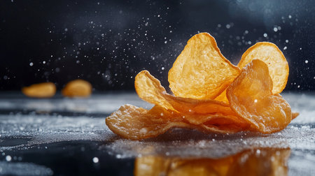 Crispy potato chips on a black background with water drops.の素材