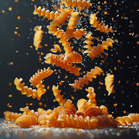 Falling pasta on black background. Flying fusilli pasta.の素材