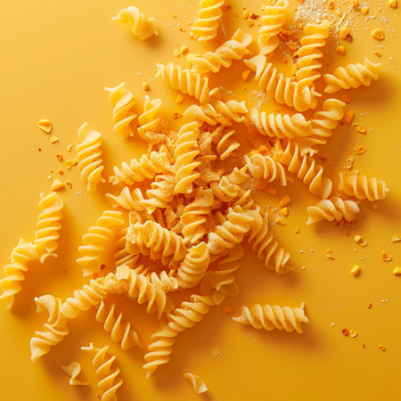 close up of italian pasta fusilli on a yellow backgroundの素材