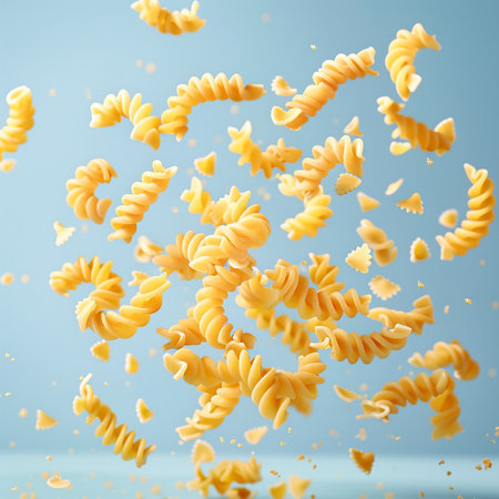 Falling spiral pasta on blue background. Flying macaroni.の素材