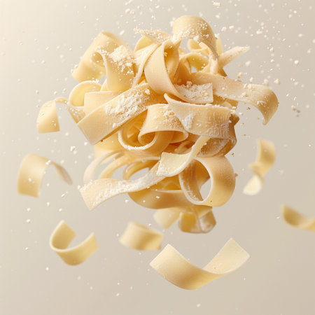 Pasta fettuccine flying in the air on a light backgroundの素材