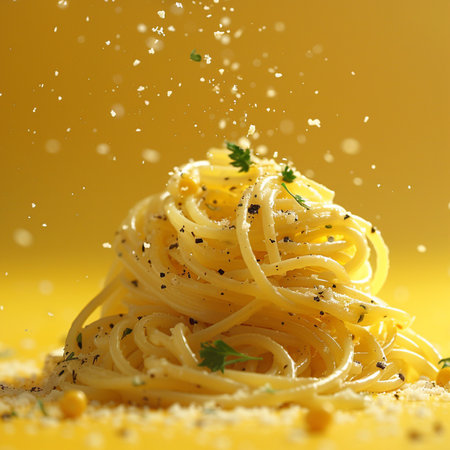 Spaghetti with parsley and parmesan on a yellow backgroundの素材