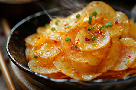 Fried potatoes with garlic and chilli on a black plate.の素材