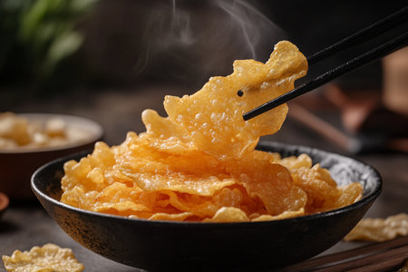 Bowl with tasty crispy corn chips on wooden table, closeupの素材