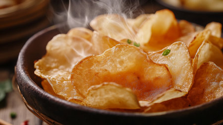 Potato chips in bowl on wooden table, closeup. Delicious snackの素材