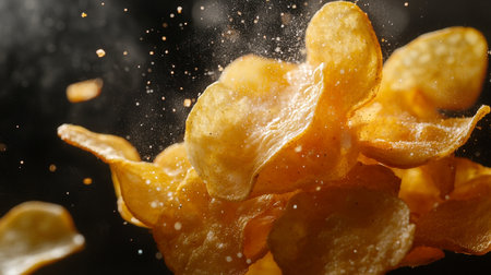 potato chips flying in the air on a black background close upの素材