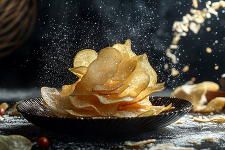 Crispy potato chips sprinkled with flour on a black background.の素材
