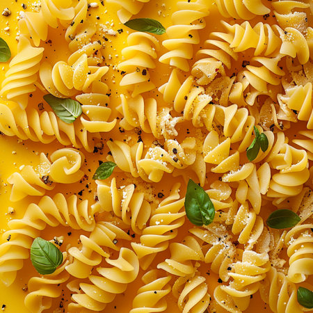 Italian pasta fusilli with basil and olive oil, top viewの素材