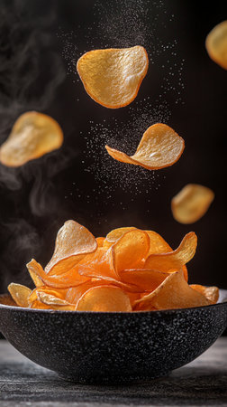 Potato chips in a bowl with smoke on a wooden background.の素材