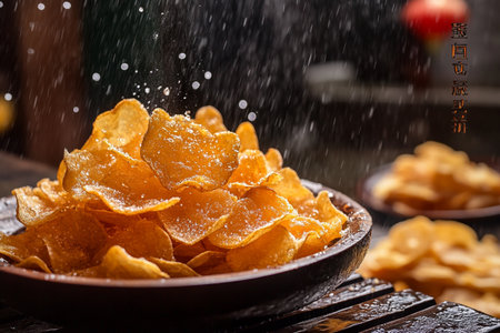 Crispy potato chips in a bowl with sugar on wooden tableの素材