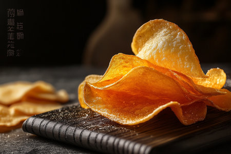 Potato chips on a wooden cutting board on a dark background.の素材