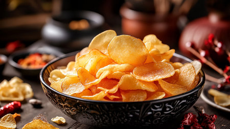 Potato chips in a bowl on a wooden background. Selective focus.の素材