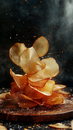 Crispy potato chips sprinkled with sugar on a dark background.の素材