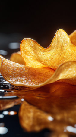 Potato chips on a black reflective surface. Close-up.の素材