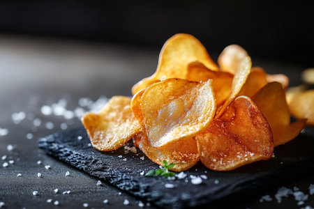 Potato chips on a black slate plate with salt, selective focus.の素材