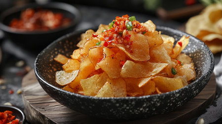 Bowl with tasty chili sauce and chips on table, closeupの素材