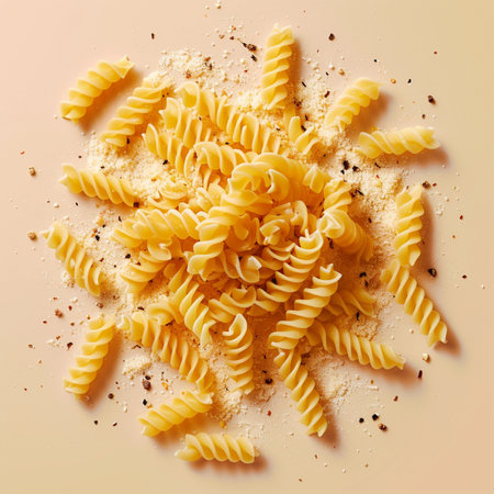 Fusilli pasta with flour and spices on a beige backgroundの素材