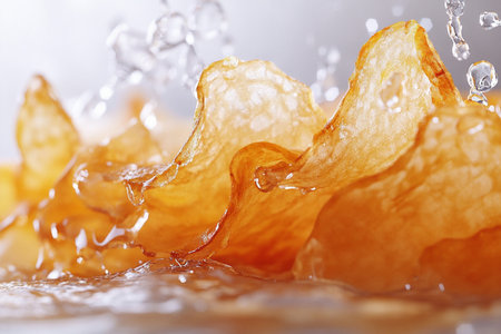 Crispy potato chips with water drops on light background, closeupの素材