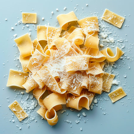 close up of uncooked italian pasta tagliatelle on blue backgroundの素材