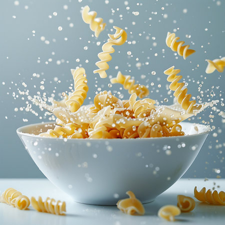 close up of a bowl of fusilli pasta with falling dropsの素材