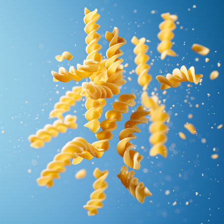 Fusilli pasta flying into the air on a blue background.の素材