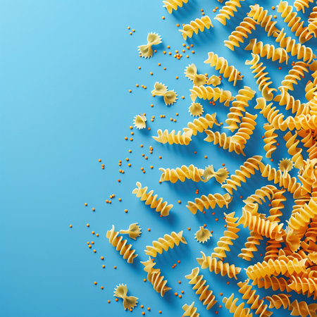 Fusilli Pasta spiral on blue background. 3d renderingの素材