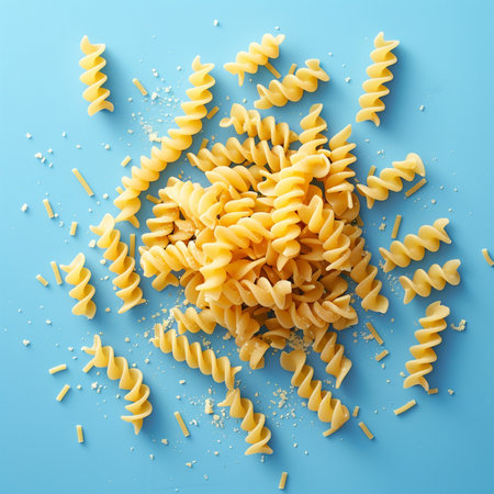 Fusilli pasta on blue background, top view, flat layの素材