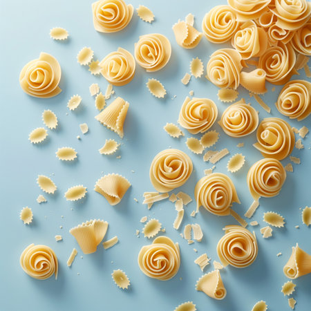 Pasta scattered on a blue background, top view. Flat lay.の素材