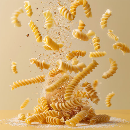 Pasta falling into the air with splashes on a yellow backgroundの素材