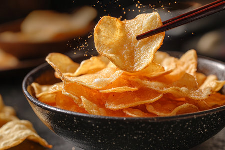 Potato chips in bowl with chopsticks on table, closeupの素材