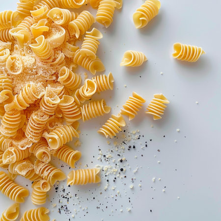 Fusilli pasta with black pepper on white background, top viewの素材