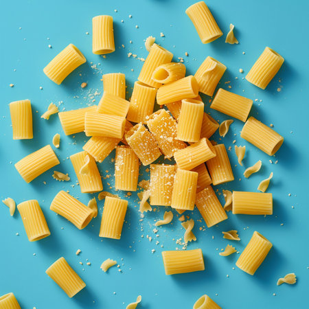 Uncooked pasta on blue background. Top view, flat lay.の素材