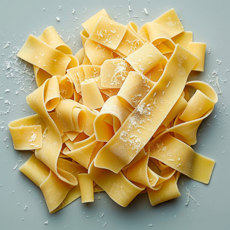 Italian pasta tagliatelle on a gray background, top viewの素材