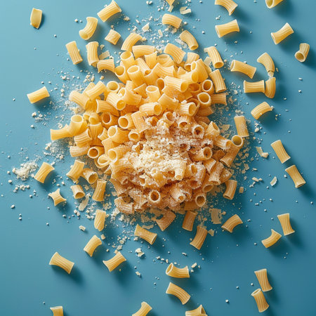 Pasta and flour on blue background. Top view, flat layの素材