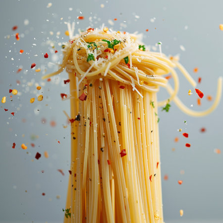 Spaghetti pasta with flying ingredients, isolated on gray background. Closeup.の素材