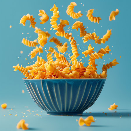 Falling pasta in a blue bowl on a blue background. 3d renderingの素材