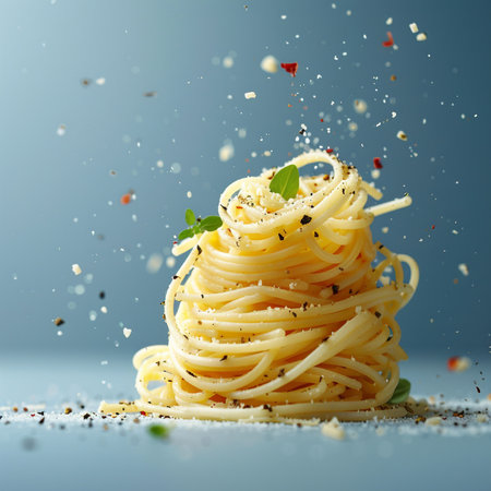 Spaghetti with splashes of oil on a blue background. Close-up.の素材
