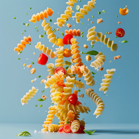 Fusilli pasta falling into the air with flying ingredients on blue backgroundの素材