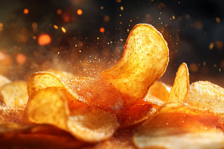 Crispy potato chips with flying sparks on dark background. Close upの素材