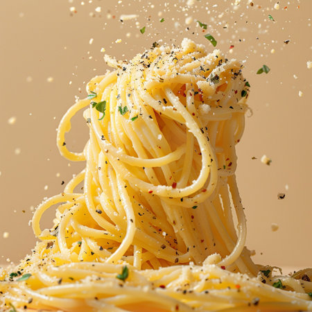 Spaghetti with grated parmesan cheese and herbs on brown backgroundの素材
